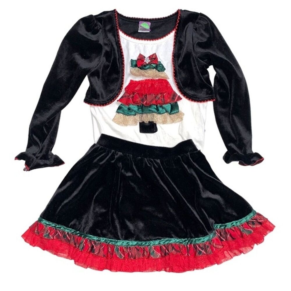 Christmas Tree Holiday Black Velvet Festive Top & Skirt Set GIrl’s Size 5